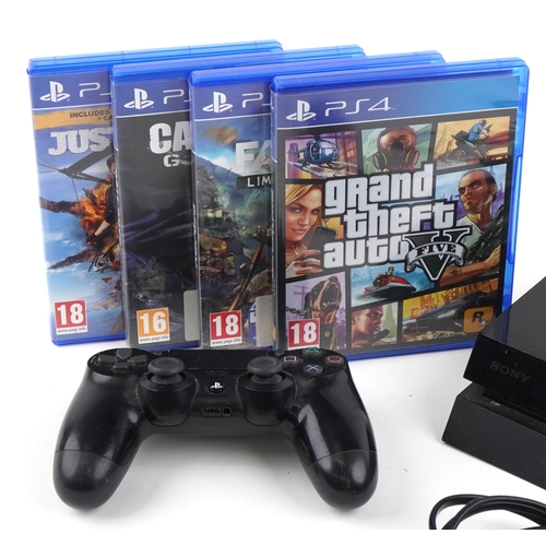 1384 - Sony PlayStation 4 games console with controller and four games including Grand Theft Auto 5 and Cal... 