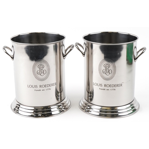 316 - Pair of Louis Roederer design silver plated ice buckets with twin handles, 25cm high x 18.5cm in dia... 