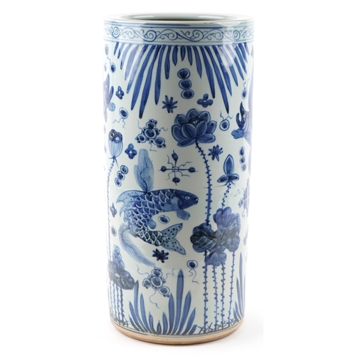 24 - Large Chinese blue and white porcelain cylindrical vase hand painted with fish amongst aquatic life,... 