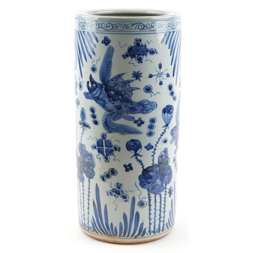 24 - Large Chinese blue and white porcelain cylindrical vase hand painted with fish amongst aquatic life,... 
