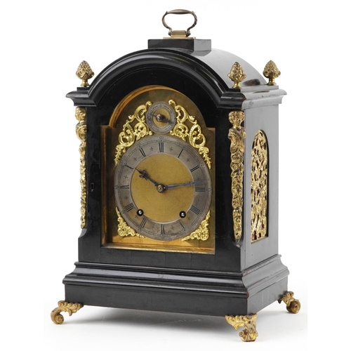 52 - 19th century ebonised bracket clock striking on two gongs with gilt metal mounts and blind fret pane... 