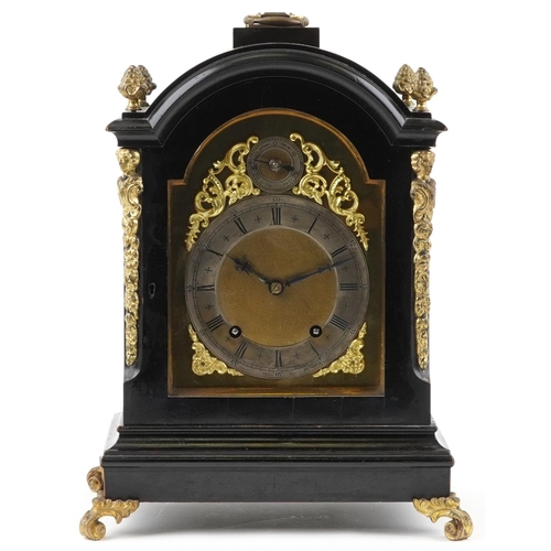 52 - 19th century ebonised bracket clock striking on two gongs with gilt metal mounts and blind fret pane... 
