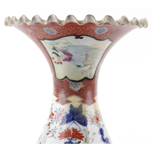 1227 - Japanese Arita porcelain vase with frilled rim hand painted with flowers, 55cm high