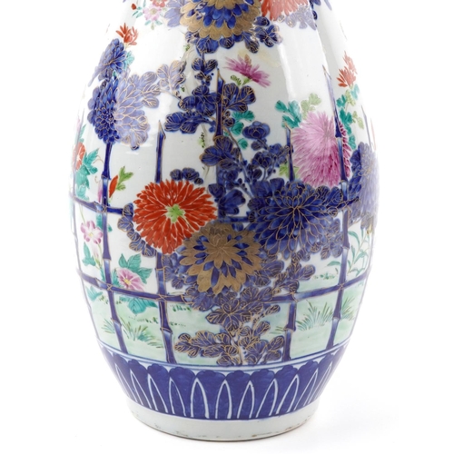 1227 - Japanese Arita porcelain vase with frilled rim hand painted with flowers, 55cm high