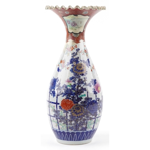 1227 - Japanese Arita porcelain vase with frilled rim hand painted with flowers, 55cm high