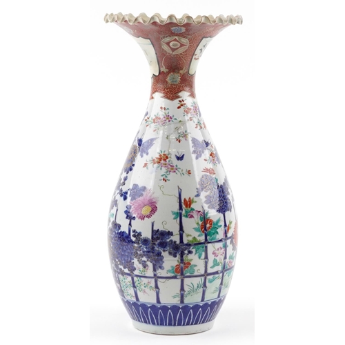 1227 - Japanese Arita porcelain vase with frilled rim hand painted with flowers, 55cm high