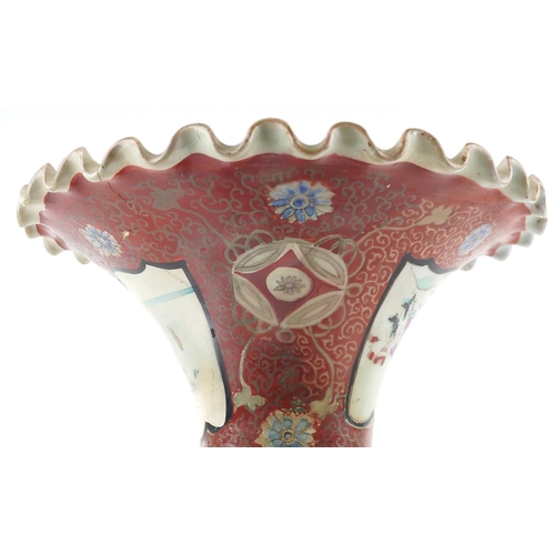 1227 - Japanese Arita porcelain vase with frilled rim hand painted with flowers, 55cm high