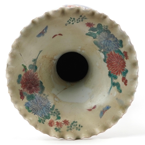 1227 - Japanese Arita porcelain vase with frilled rim hand painted with flowers, 55cm high