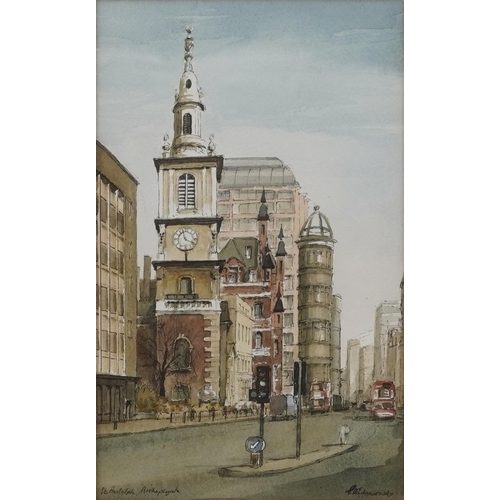 273 - Peter W Edmonds - St Botolph, Bishopsgate, watercolour, details verso, mounted, framed and glazed, 2... 