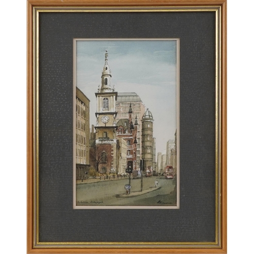 273 - Peter W Edmonds - St Botolph, Bishopsgate, watercolour, details verso, mounted, framed and glazed, 2... 