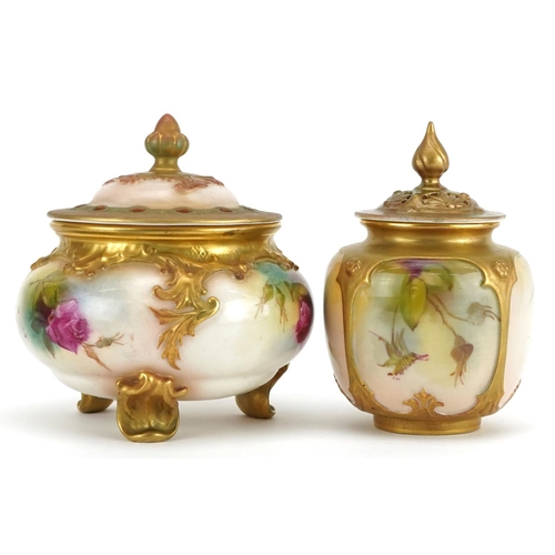 3 - Royal Worcester, two Victorian pot pourri vases and covers hand painted with roses, numbered 183 and... 