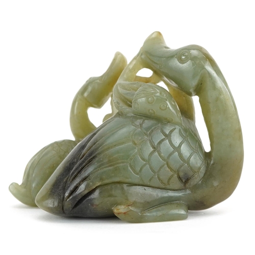 256 - Chinese russet green jade carving of two ducks, 7cm in length