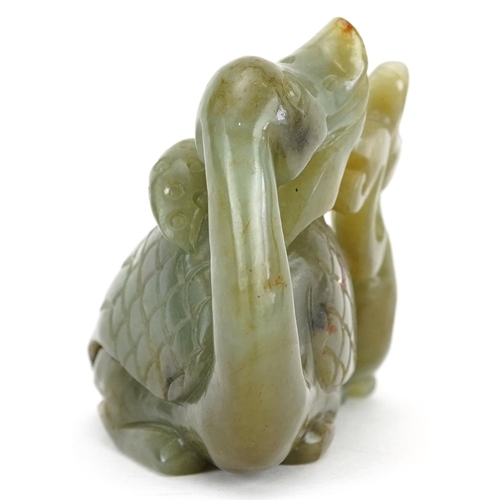 256 - Chinese russet green jade carving of two ducks, 7cm in length