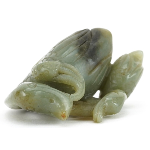 256 - Chinese russet green jade carving of two ducks, 7cm in length