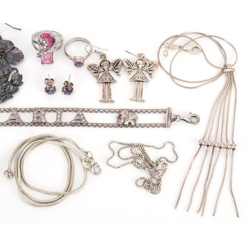 2707 - Silver and white metal jewellery including necklaces, bracelets, pendants and an amethyst ring, tota... 