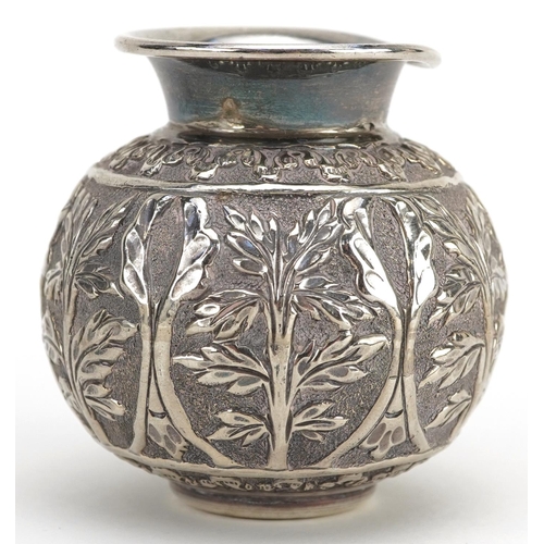 147 - Asian 900 grade silver vase profusely embossed with foliage, 6cm high, 98.0g