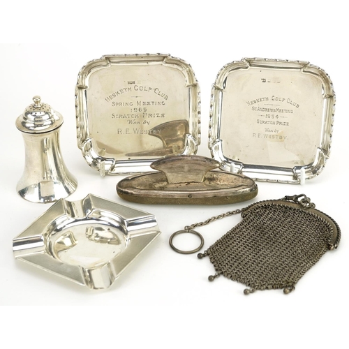 225 - Antique and later silver items including unmarked silver chainmail coin purse, pair of Hesketh golf ... 