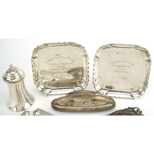 225 - Antique and later silver items including unmarked silver chainmail coin purse, pair of Hesketh golf ... 