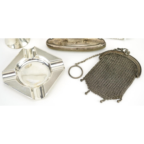 225 - Antique and later silver items including unmarked silver chainmail coin purse, pair of Hesketh golf ... 