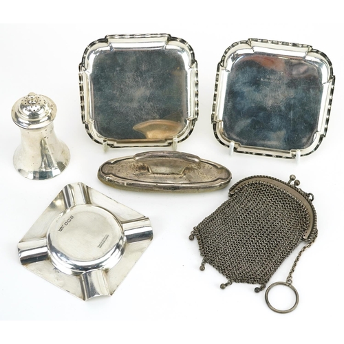 225 - Antique and later silver items including unmarked silver chainmail coin purse, pair of Hesketh golf ... 