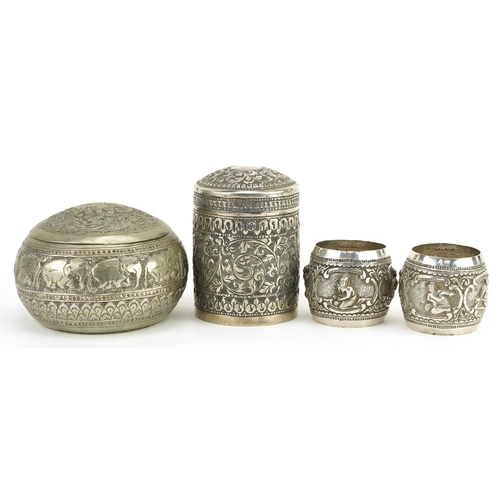 150 - Burmese metalware including an unmarked silver cylindrical pot and cover, pair of unmarked silver na... 