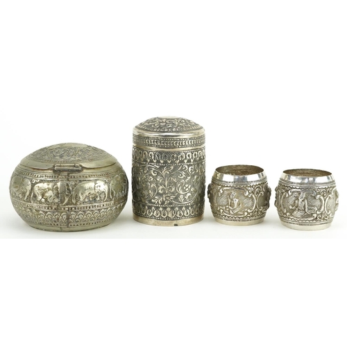 150 - Burmese metalware including an unmarked silver cylindrical pot and cover, pair of unmarked silver na... 