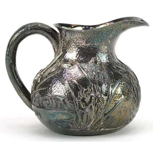 166 - Japanese silver cream jug embossed with insects amongst flowers and reeds, impressed character marks... 