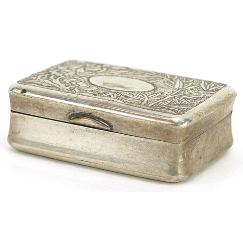 13 - Chinese export silver pillbox, the hinged lid embossed with bamboo grove, MK maker's mark, 4cm wide,... 