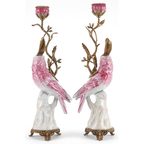 312 - Pair of continental porcelain parakeet design candlesticks with bronze mounts, each 43cm high