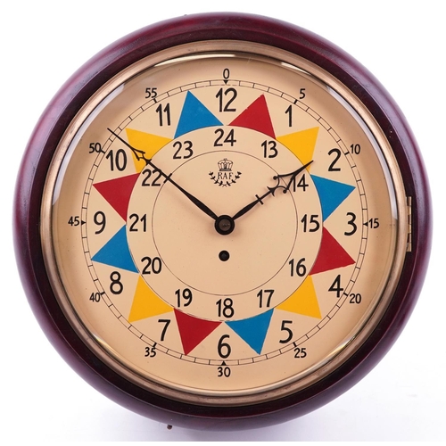 1314 - Military interest RAF style hardwood fusee wall clock with painted dial having Arabic numerals, 37cm... 