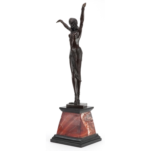 309 - After Dimitri H Chiparus, patinated bronze statuette of a semi nude Art Deco female raised on a step... 