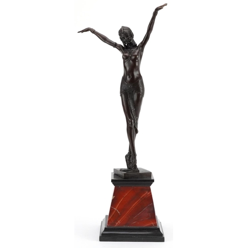 309 - After Dimitri H Chiparus, patinated bronze statuette of a semi nude Art Deco female raised on a step... 