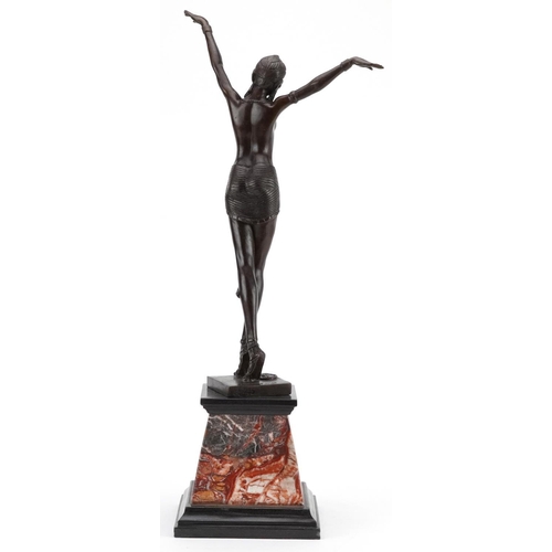 309 - After Dimitri H Chiparus, patinated bronze statuette of a semi nude Art Deco female raised on a step... 