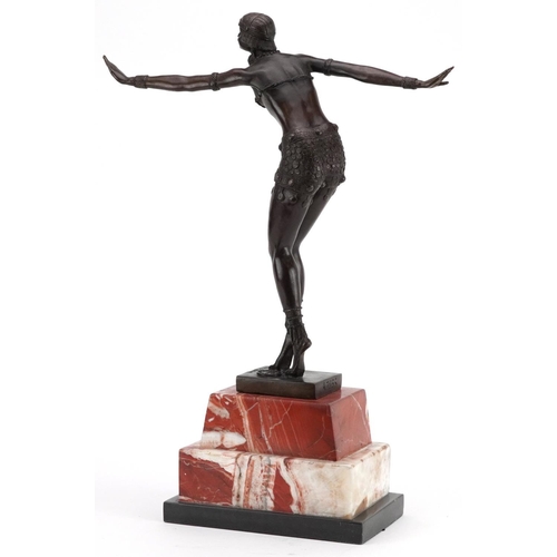 310 - After Dimitri H Chiparus, patinated bronze statuette of an Art Deco female raised on a stepped marbl... 