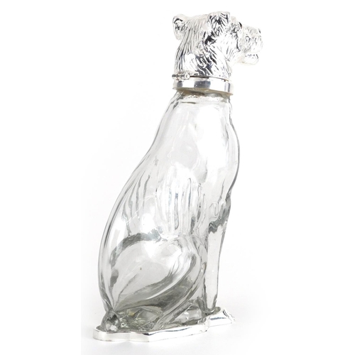 1310 - Novelty cut glass claret jug with silver plated mounts in the form of a dog, 24cm high