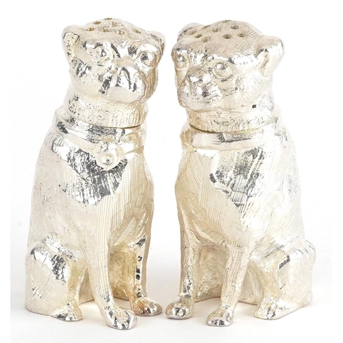 1291 - Pair of novelty silver plated salt and pepper casters in the form of dogs, each 6.5cm high