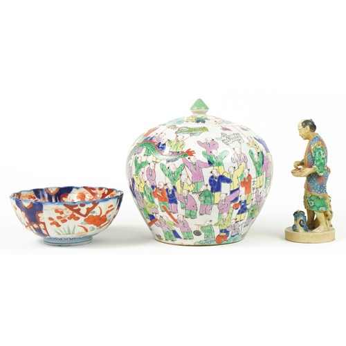 1144 - Chinese and Japanese ceramics including a Satsuma figure of an elder and a ginger jar hand painted i... 