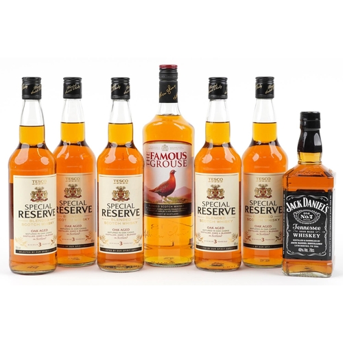 1231 - Seven bottles of whisky including Jack Daniels and The Famous Grouse