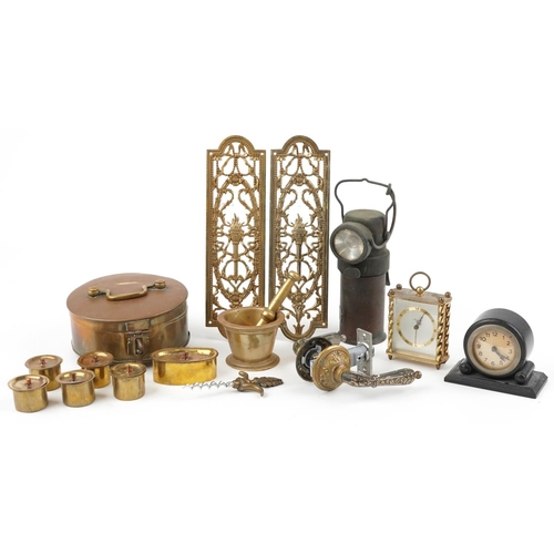 1258 - Sundry items including antique pestle & mortar and pair of 19th century style brass door plates