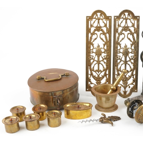 1258 - Sundry items including antique pestle & mortar and pair of 19th century style brass door plates