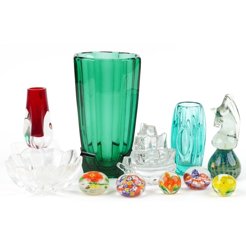 1304 - Art glassware including a Swedish boat paperweight by Pukeberg, Whitefriars tooth vase and paperweig... 