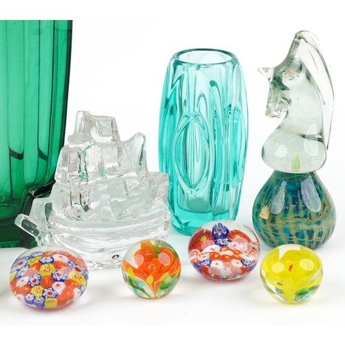 1304 - Art glassware including a Swedish boat paperweight by Pukeberg, Whitefriars tooth vase and paperweig... 