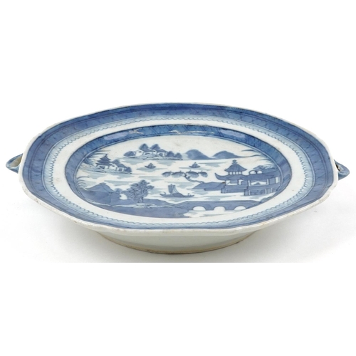 1300 - Chinese blue and white porcelain warming plate hand painted with a river landscape, 26cm wide