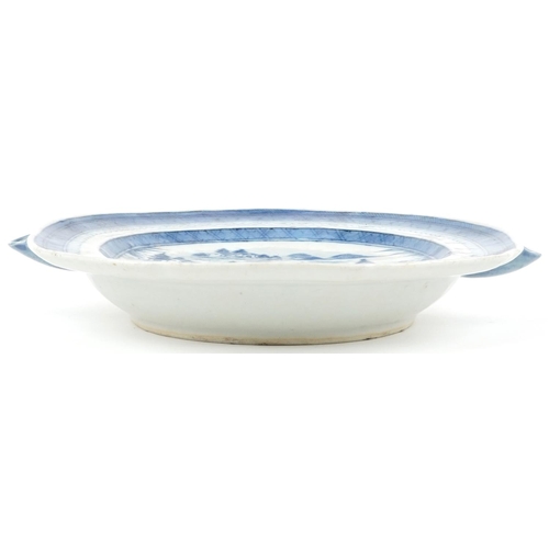 1300 - Chinese blue and white porcelain warming plate hand painted with a river landscape, 26cm wide