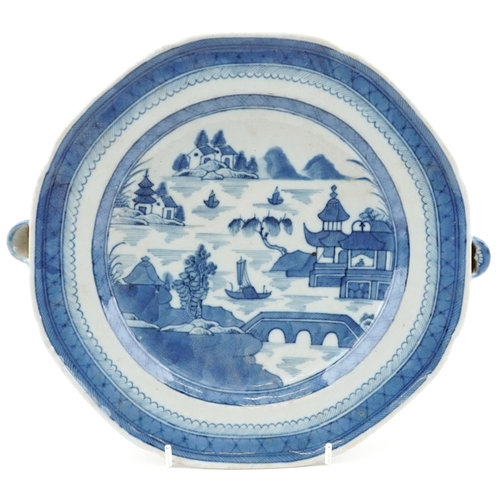 1300 - Chinese blue and white porcelain warming plate hand painted with a river landscape, 26cm wide