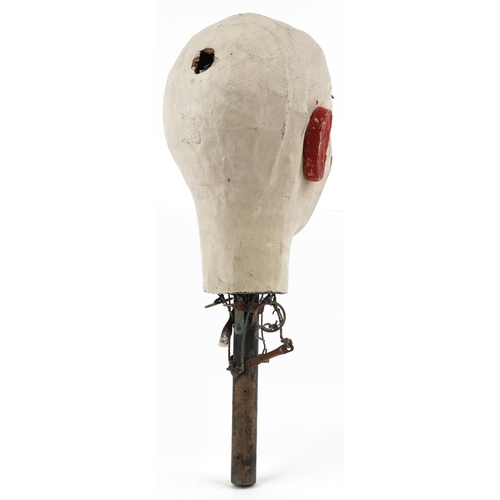 1369 - Early 20th century ventriloquist's mechanical dummy head with glass beaded eyes, 43cm high