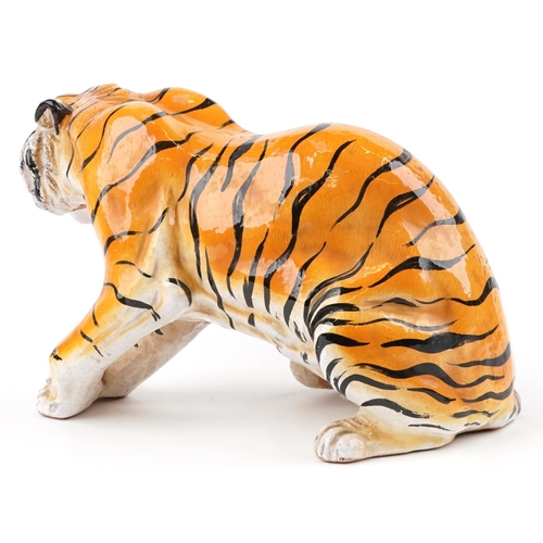 1305 - Large continental ceramic tiger, indistinct impressed marks to the base, 36cm in length