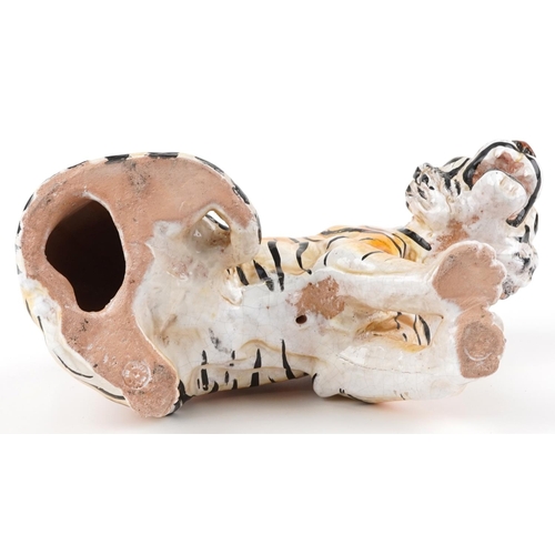 1305 - Large continental ceramic tiger, indistinct impressed marks to the base, 36cm in length