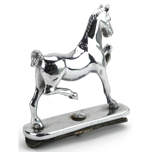 1274 - Vintage chrome painted car mascot in the form of a horse, 10cm in length