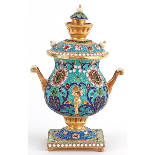 1129 - Miniature silver gilt and enamel samovar, impressed Russian marks to the base, 10cm high, 155.0g